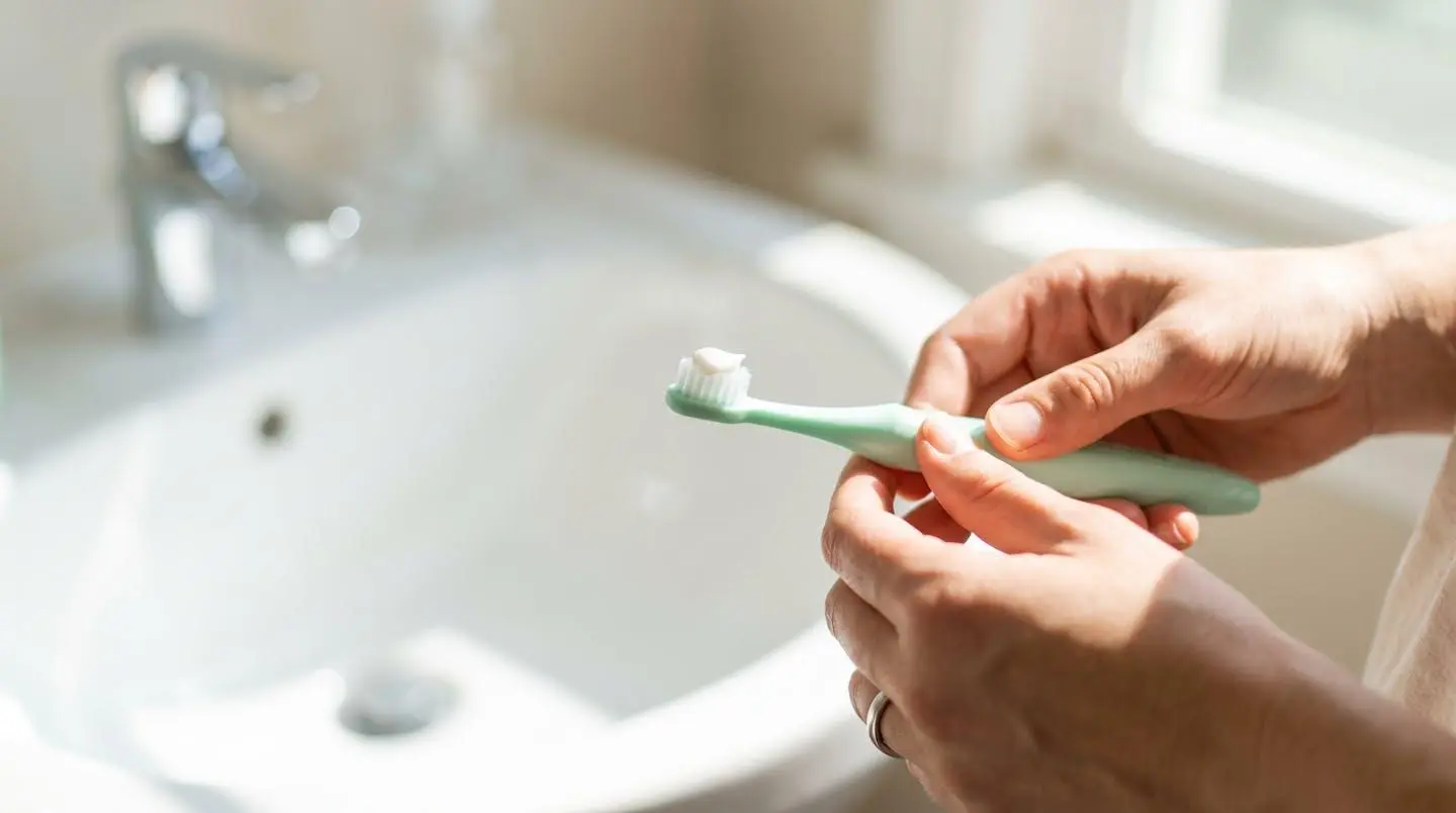 Brosse à dents bébé au format ludique type stylo avec dentifrice naturel, tenue par des mains dans une salle de bain lumineuse